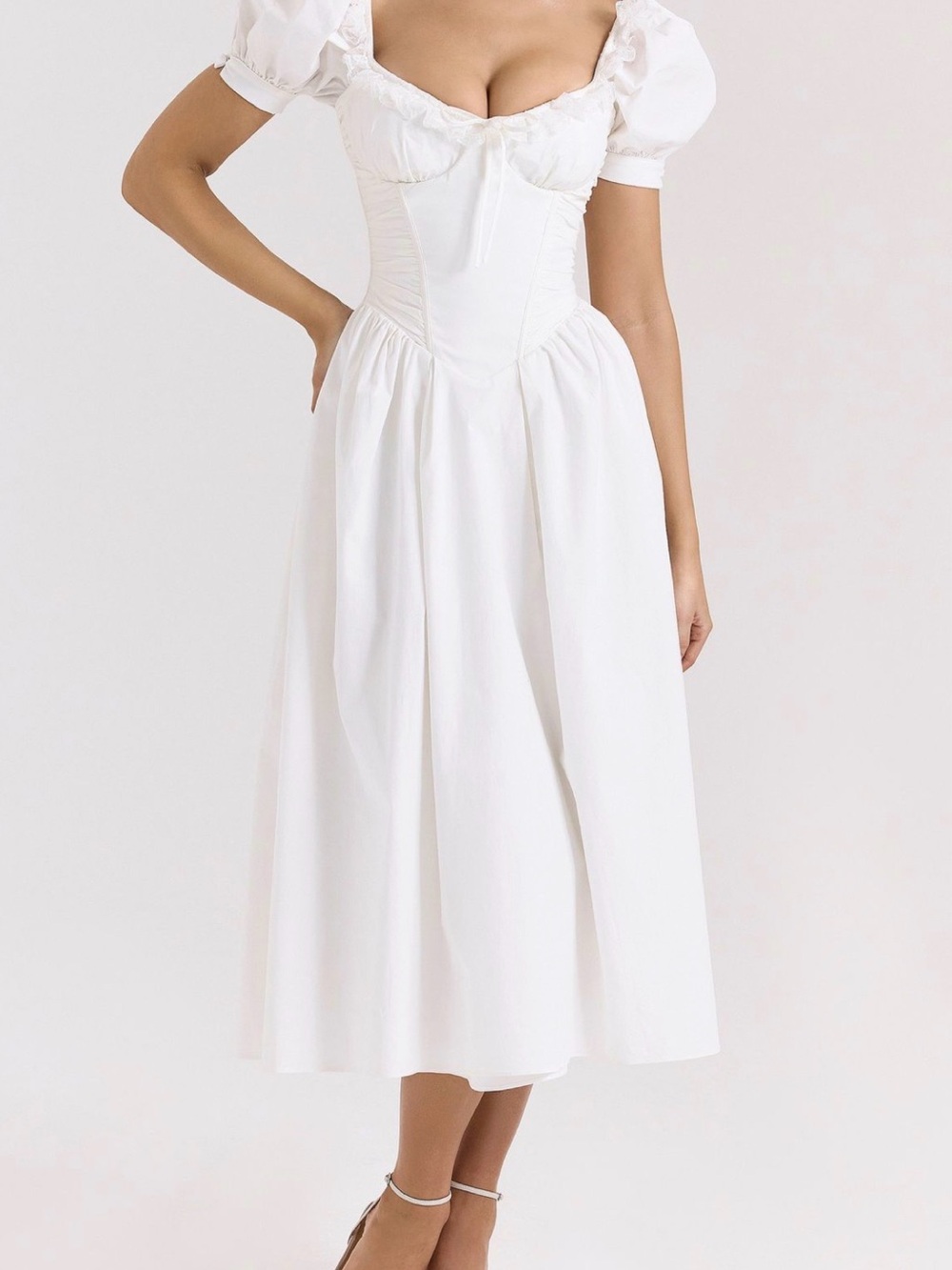 House of CB White Puff-Sleeve Corseted Midi Dress